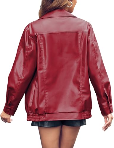 Miladusa Women's Leather Jackets Faux Motorcycle Coat Casual Zip Up Travel Leather Jacket Fall Winter Outwear Dark Red L