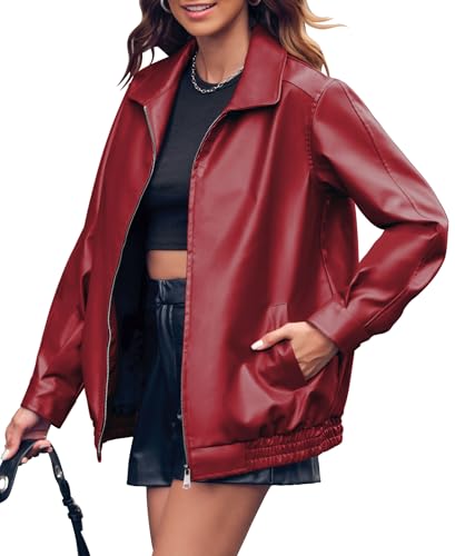 Miladusa Women's Leather Jackets Faux Motorcycle Coat Casual Zip Up Travel Leather Jacket Fall Winter Outwear Dark Red L
