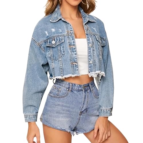 Womens Distressed Cropped Denim Jacket - Light Blue