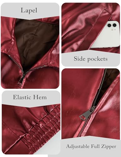 Miladusa Women's Leather Jackets Faux Motorcycle Coat Casual Zip Up Travel Leather Jacket Fall Winter Outwear Dark Red L