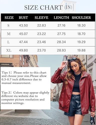Miladusa Women's Leather Jackets Faux Motorcycle Coat Casual Zip Up Travel Leather Jacket Fall Winter Outwear Dark Red L