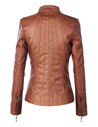 Made By Johnny MBJ WJC877 Womens Panelled Faux Leather Moto Jacket L Camel