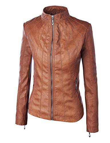 Made By Johnny MBJ WJC877 Womens Panelled Faux Leather Moto Jacket L Camel