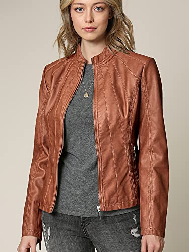 Made By Johnny MBJ WJC877 Womens Panelled Faux Leather Moto Jacket L Camel