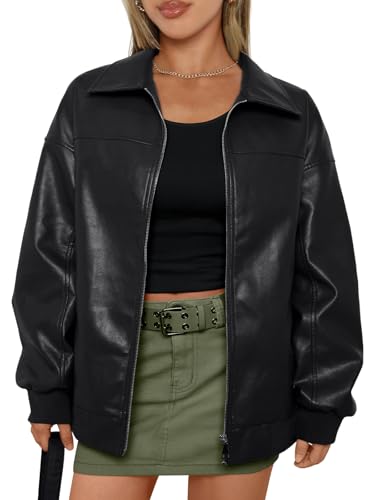 AUTOMET Womens Oversized Leather Black Jackets Zip Up Coats Faux Motorcycle Bomber Outfits Fall Fashion Winter Clothes 2024 Black M