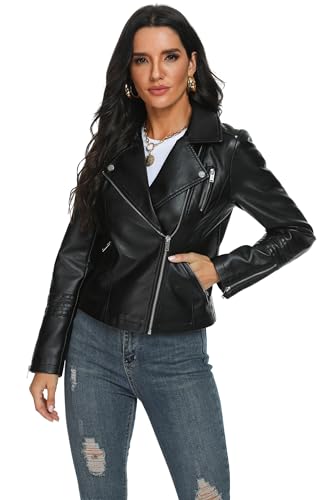 Fahsyee Women Black Leather Jackets, Faux Motorcycle Bomber Jacket Moto Bike Plus Size Coat Short Lightweight Vegan Pleather Fashion L