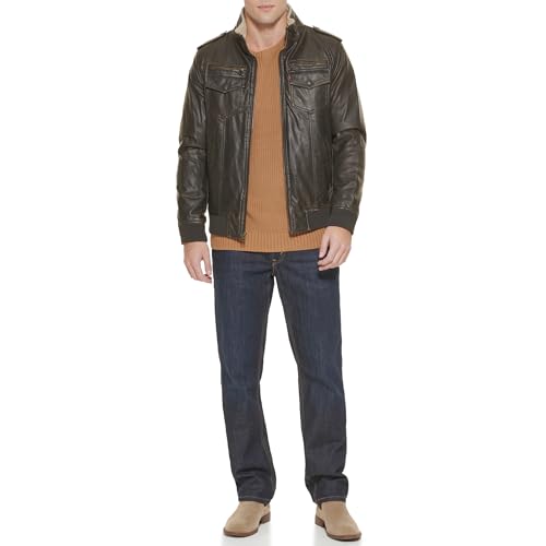 Levi's mens Vintage Deer Sherpa Lined Aviator Bomber Faux Leather Jacket, Dark Brown, Large US