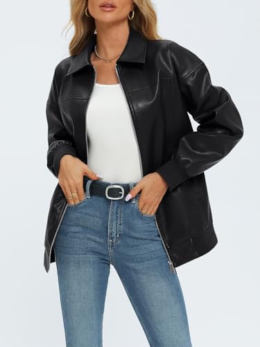 AUTOMET Womens Oversized Leather Black Jackets Zip Up Coats Faux Motorcycle Bomber Outfits Fall Fashion Winter Clothes 2024 Black M