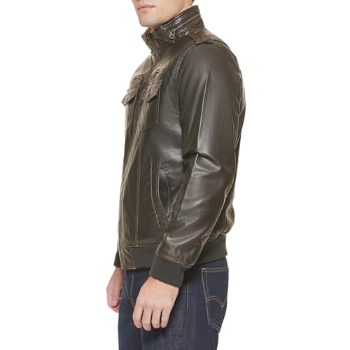 Levi's mens Vintage Deer Sherpa Lined Aviator Bomber Faux Leather Jacket, Dark Brown, Large US