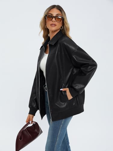 AUTOMET Womens Oversized Leather Black Jackets Zip Up Coats Faux Motorcycle Bomber Outfits Fall Fashion Winter Clothes 2024 Black M