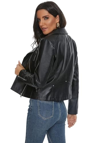 Fahsyee Women Black Leather Jackets, Faux Motorcycle Bomber Jacket Moto Bike Plus Size Coat Short Lightweight Vegan Pleather Fashion L