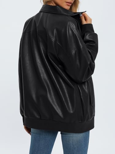 AUTOMET Womens Oversized Leather Black Jackets Zip Up Coats Faux Motorcycle Bomber Outfits Fall Fashion Winter Clothes 2024 Black M