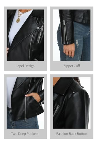 Fahsyee Women Black Leather Jackets, Faux Motorcycle Bomber Jacket Moto Bike Plus Size Coat Short Lightweight Vegan Pleather Fashion L