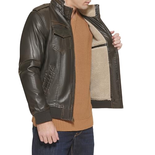 Levi's mens Vintage Deer Sherpa Lined Aviator Bomber Faux Leather Jacket, Dark Brown, Large US