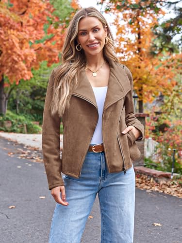 AUTOMET Women's Faux Leather Suede Bomber Jacket