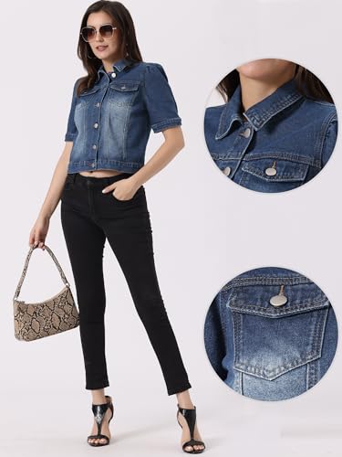 Allegra K Women's Short Puff Sleeve Denim Jacket