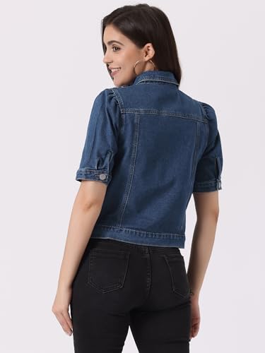 Allegra K Women's Short Puff Sleeve Denim Jacket