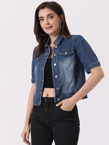 Allegra K Women's Short Puff Sleeve Denim Jacket