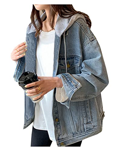 Oversized Distressed Denim Jacket with Hood