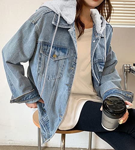 Oversized Distressed Denim Jacket with Hood
