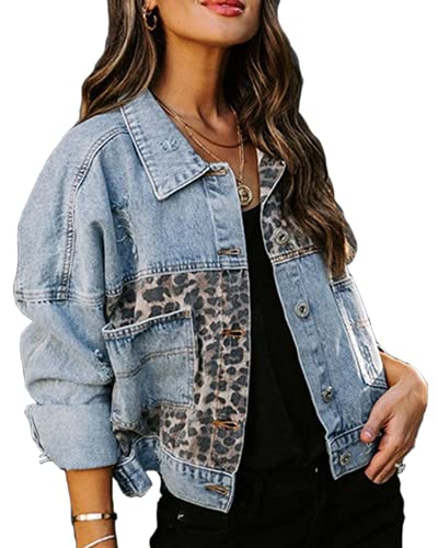 RINTONIX Women's Distressed Leopard Denim Jacket