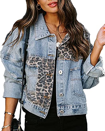 RINTONIX Women's Distressed Leopard Denim Jacket