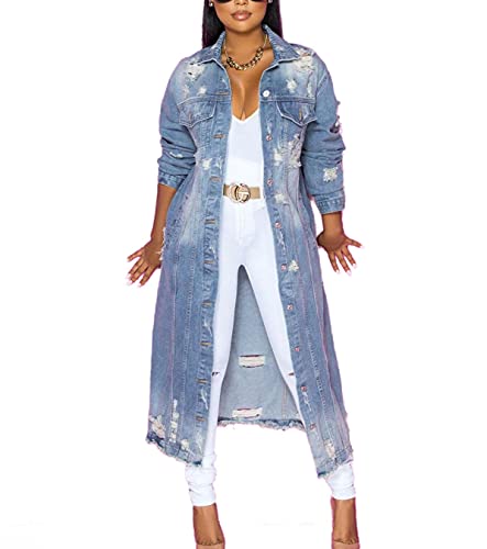 Women's Distressed Light Blue Denim Trench Coat