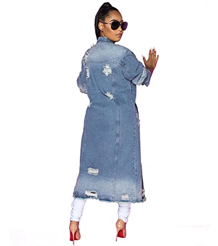 Women's Distressed Light Blue Denim Trench Coat