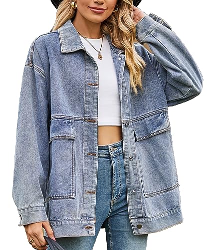 Oversized Vintage Denim Jacket with Pockets for Women