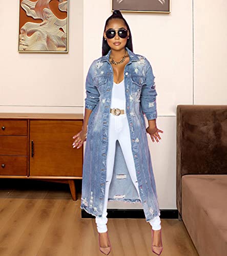 Women's Distressed Light Blue Denim Trench Coat