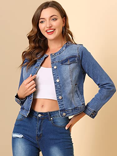 Allegra K Women's Blue Denim Jacket, Collarless