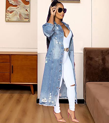 Women's Distressed Light Blue Denim Trench Coat