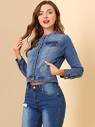 Allegra K Women's Blue Denim Jacket, Collarless