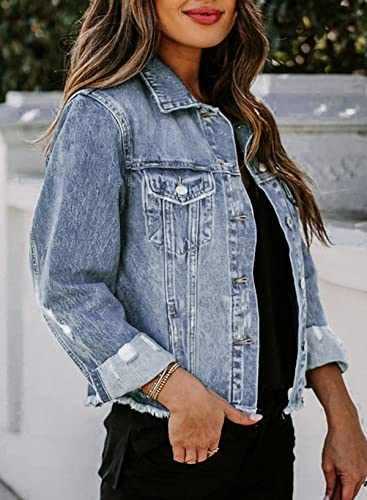 Womens Distressed Denim Shacket Coat - Sky Blue