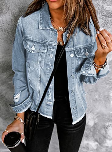Womens Distressed Denim Shacket Coat - Sky Blue