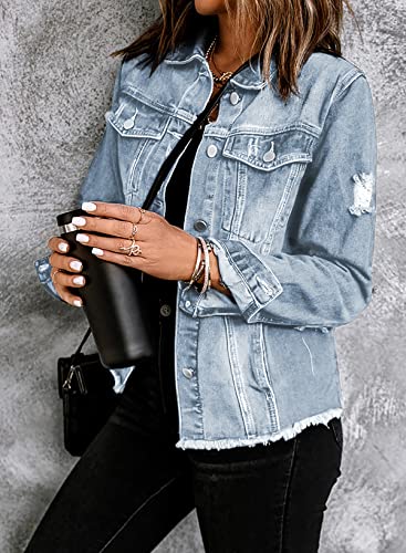 Womens Distressed Denim Shacket Coat - Sky Blue
