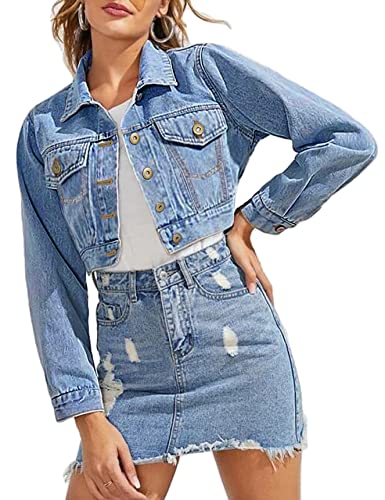 Women’s Casual Blue Denim Crop Jacket