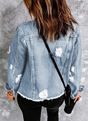 Womens Distressed Denim Shacket Coat - Sky Blue