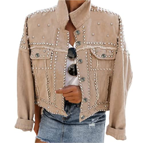 Omoone Women's Rivet Studded Denim Jacket - Khaki