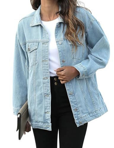 Women's Distressed Oversized Denim Jacket with Pockets