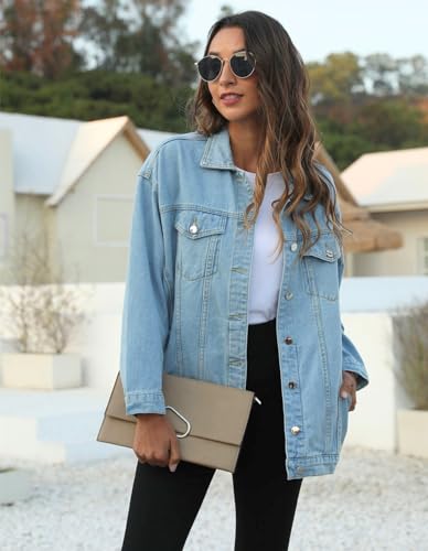 Women's Distressed Oversized Denim Jacket with Pockets