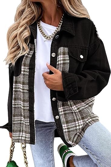 SHEWIN Women's Plaid Flannel Denim Jacket