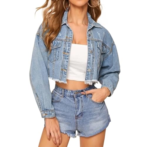 Womens Distressed Cropped Denim Jacket - Light Blue