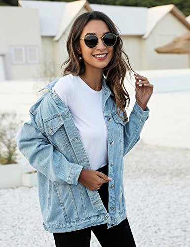 Women's Distressed Oversized Denim Jacket with Pockets