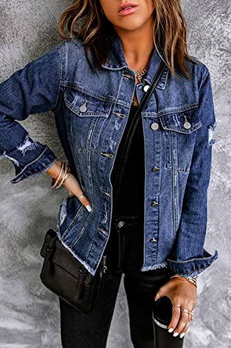 Frayed Hem Women's Blue Denim Jacket with Pockets