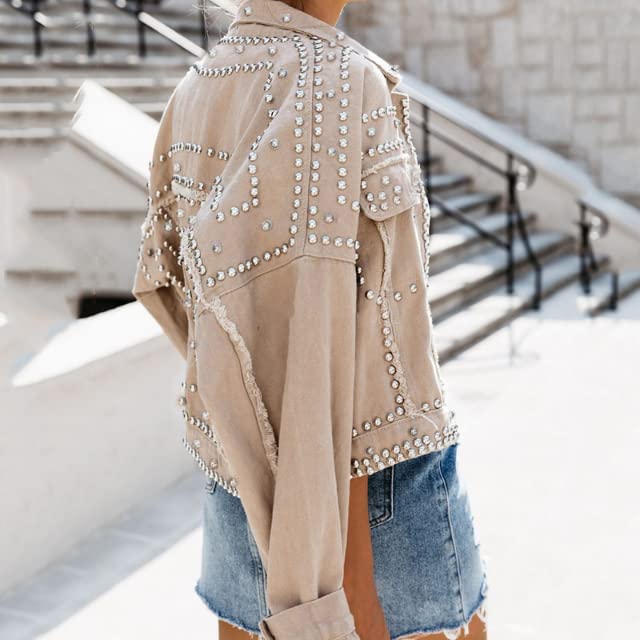 Omoone Women's Rivet Studded Denim Jacket - Khaki