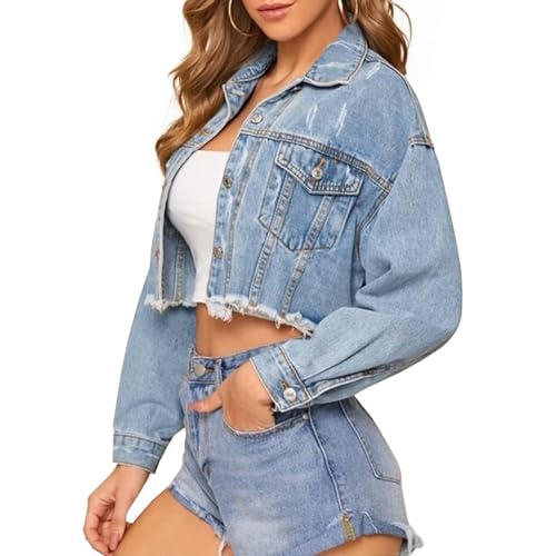 Womens Distressed Cropped Denim Jacket - Light Blue