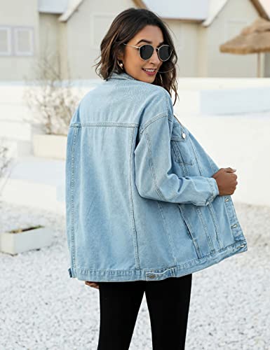 Women's Distressed Oversized Denim Jacket with Pockets