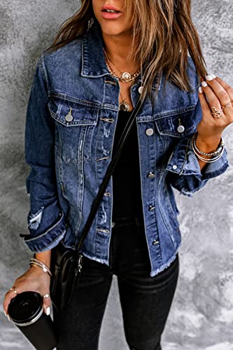 Frayed Hem Women's Blue Denim Jacket with Pockets