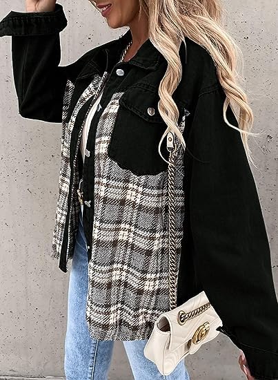 SHEWIN Women's Plaid Flannel Denim Jacket